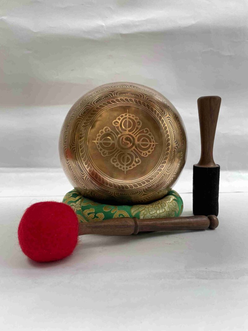 Buddhist Hand-Beaten Jambati Singing Bowl – Buddha Eye Design, Intricate Carving - Image 4
