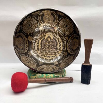 Buddhist Hand-Beaten Jambati Singing Bowl with Aparimita Design & Carving