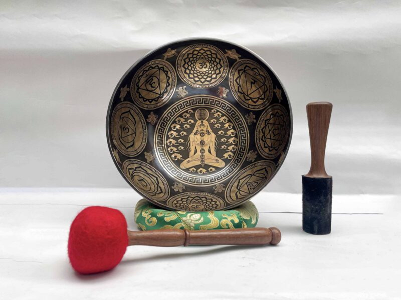 Buddhist Hand-Beaten Jambati Singing Bowl with Yoga Design & Carving
