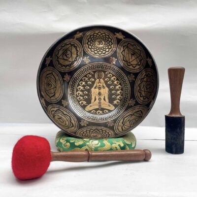 Buddhist Hand-Beaten Jambati Singing Bowl with Yoga Design & Carving