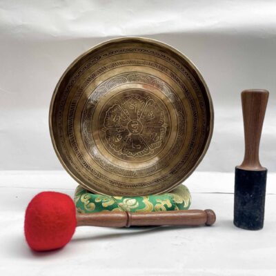 Buddhist Hand-Beaten Jambati Singing Bowl with Mantra Design & Carving