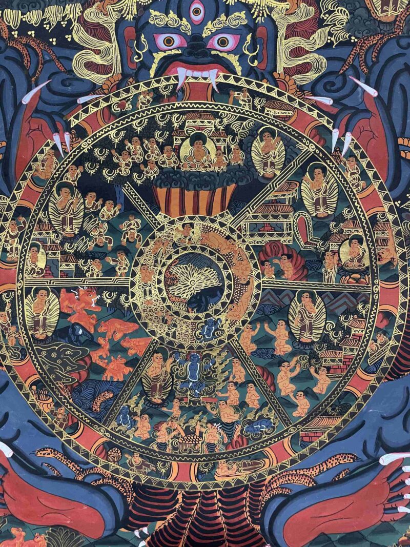 Buddhist Handmade Thangka Painting of Wheel of Life – Real Gold, Hand-Painted, Tibetan Sacred Art - Image 4