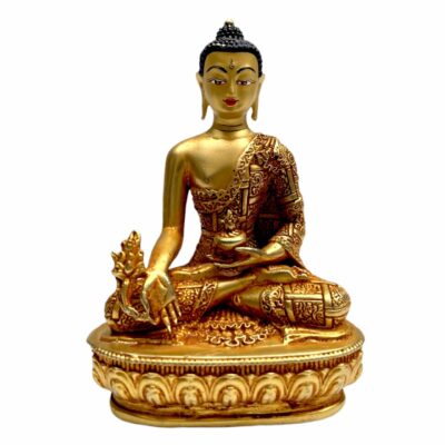 Buddhist Statue of Medicine Buddha | Full Fire Gold Plated | Painted Face | Authentic Tibetan Art