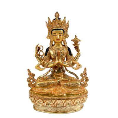 Buddhist Handmade Statue of Chenrezig – Full Gold Plated, Stone Setting, Face Painted