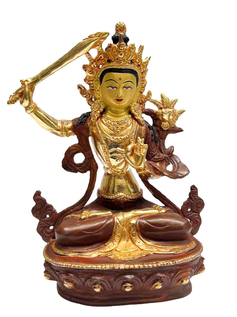 Buddhist Handmade Manjushri Statue – Partly Gold-Plated, Gold Face Painted - Image 3
