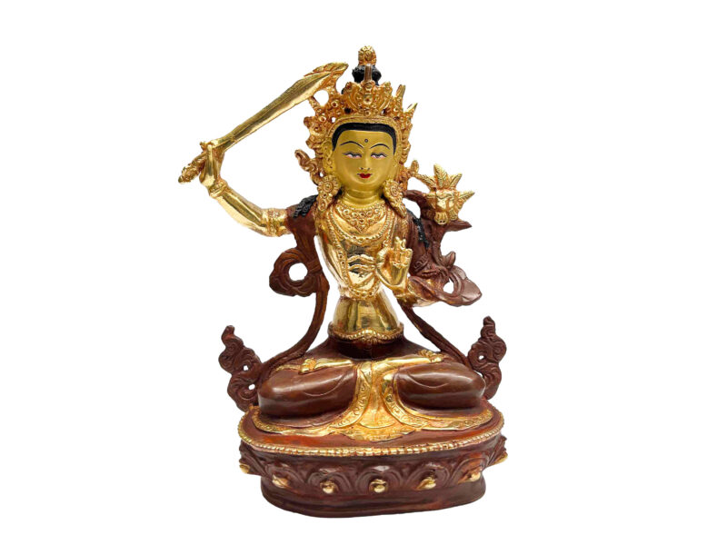 Buddhist Handmade Manjushri Statue – Partly Gold-Plated, Gold Face Painted