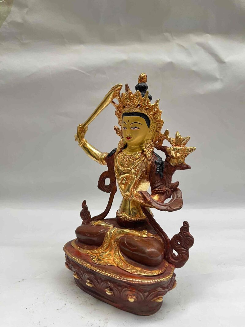 Buddhist Handmade Manjushri Statue – Partly Gold-Plated, Gold Face Painted - Image 4