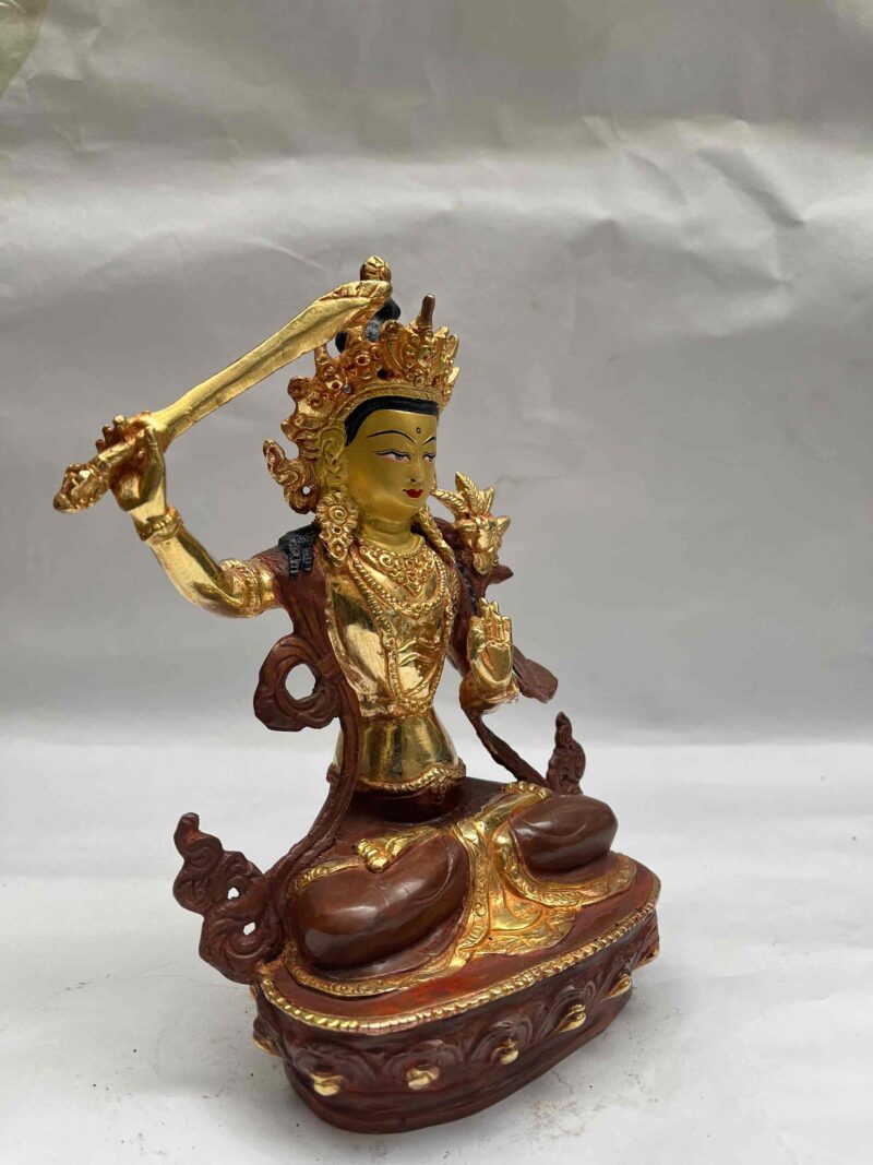 Buddhist Handmade Manjushri Statue – Partly Gold-Plated, Gold Face Painted - Image 2