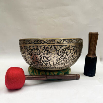 Buddhist Hand-Beaten Jambati Singing Bowl with Ganesh Design – Optional Accessories