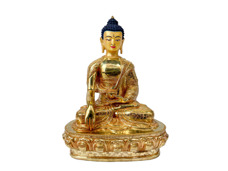 Buddhist Handmade Statue of Shakyamuni Buddha – Full Fire Gold Plated Copper Sculpture with Hand-Painted Face
