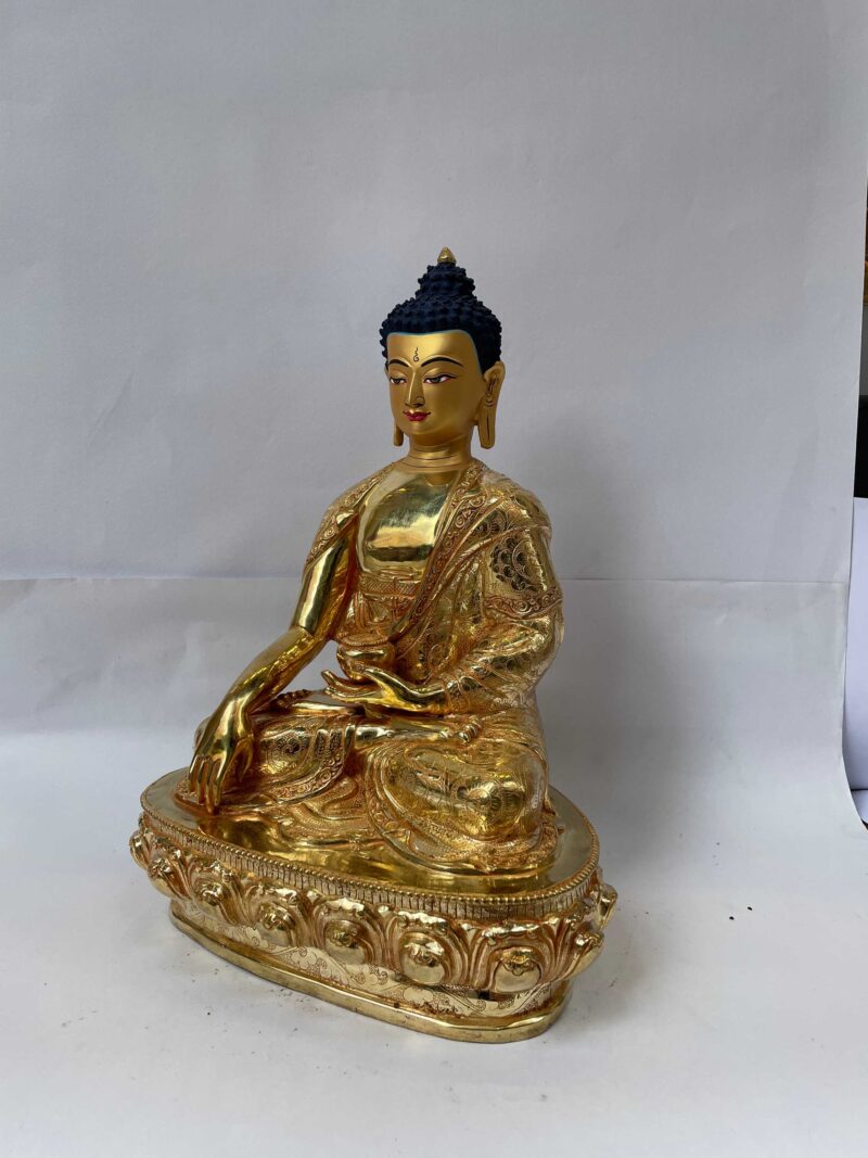 Buddhist Handmade Statue of Shakyamuni Buddha – Full Fire Gold Plated Copper Sculpture with Hand-Painted Face - Image 4