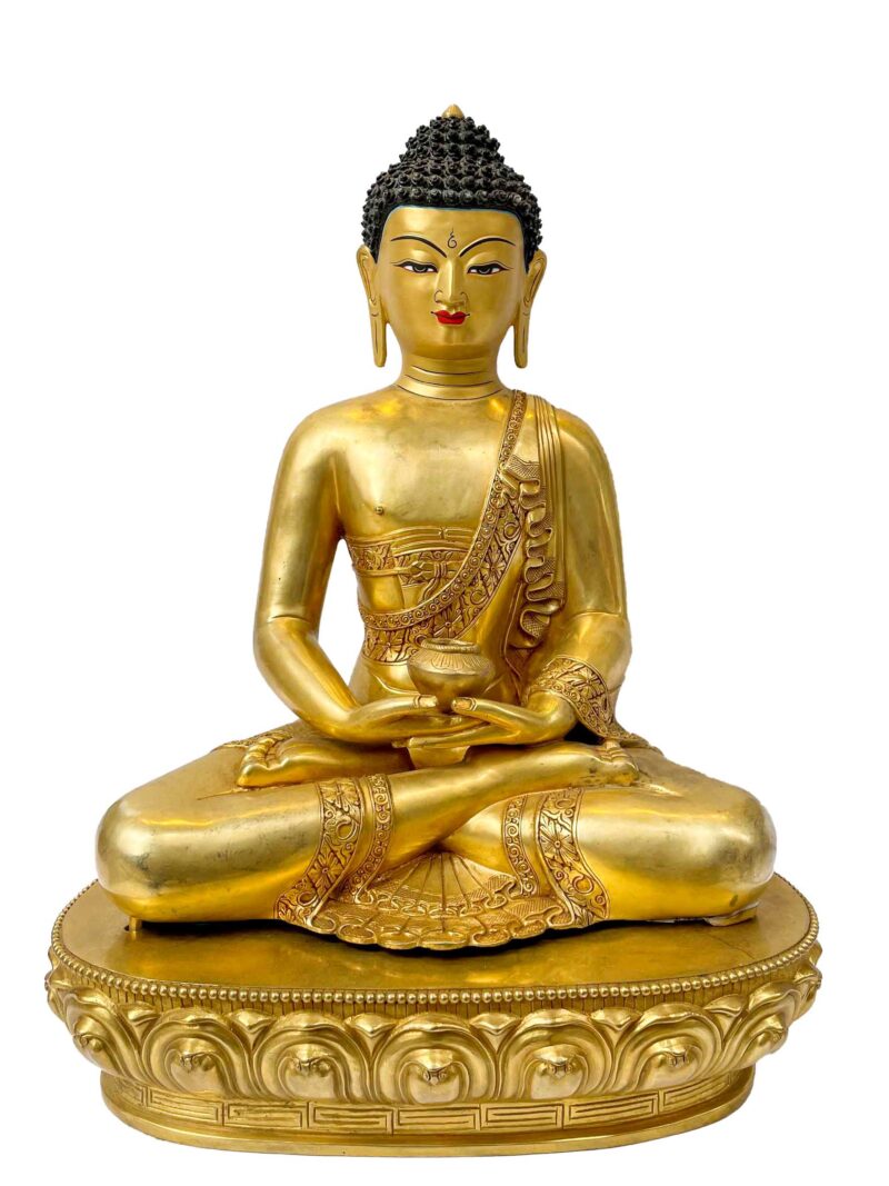 Buddhist Handmade Statue of Amitabha Buddha – Full Fire Gold Plated Copper Sculpture with Gold-Painted Face - Image 3