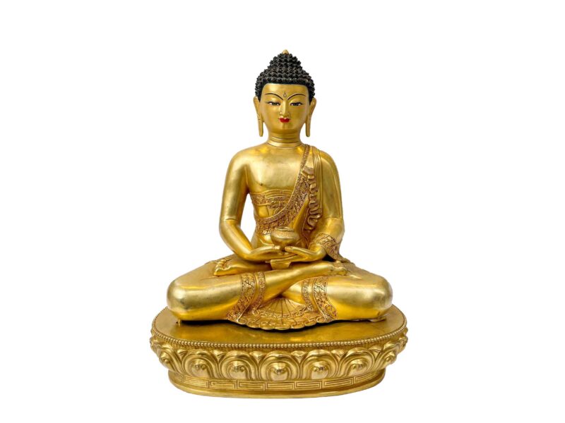 Buddhist Handmade Statue of Amitabha Buddha – Full Fire Gold Plated Copper Sculpture with Gold-Painted Face