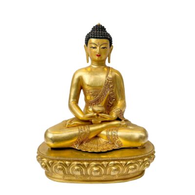 Buddhist Handmade Statue of Amitabha Buddha – Full Fire Gold Plated Copper Sculpture with Gold-Painted Face