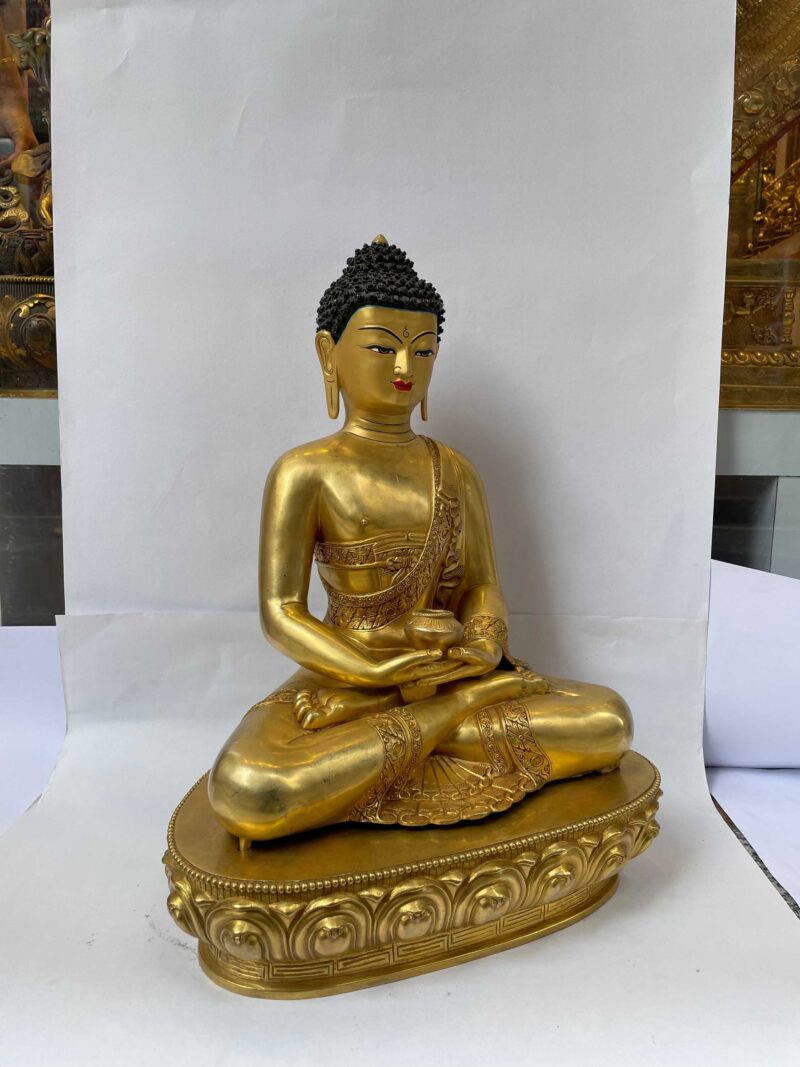 Buddhist Handmade Statue of Amitabha Buddha – Full Fire Gold Plated Copper Sculpture with Gold-Painted Face - Image 2