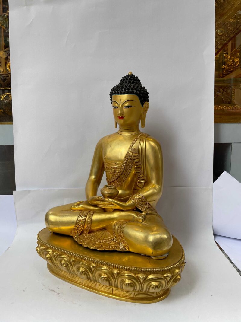 Buddhist Handmade Statue of Amitabha Buddha – Full Fire Gold Plated Copper Sculpture with Gold-Painted Face - Image 4