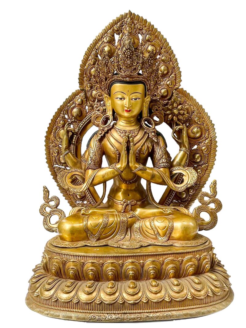 Buddhist Handmade Statue of Chenrezig (Avalokiteshvara) – Full Gold Plated with Hand-Painted Face - Image 3