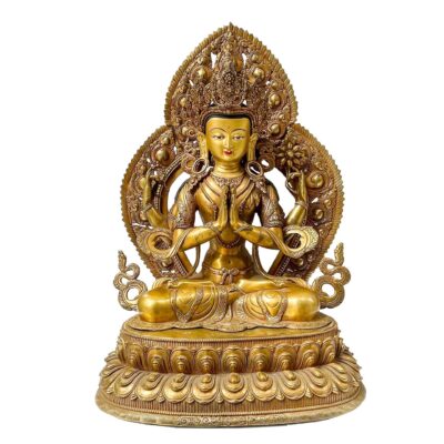 Buddhist Handmade Statue of Chenrezig (Avalokiteshvara) – Full Gold Plated with Hand-Painted Face