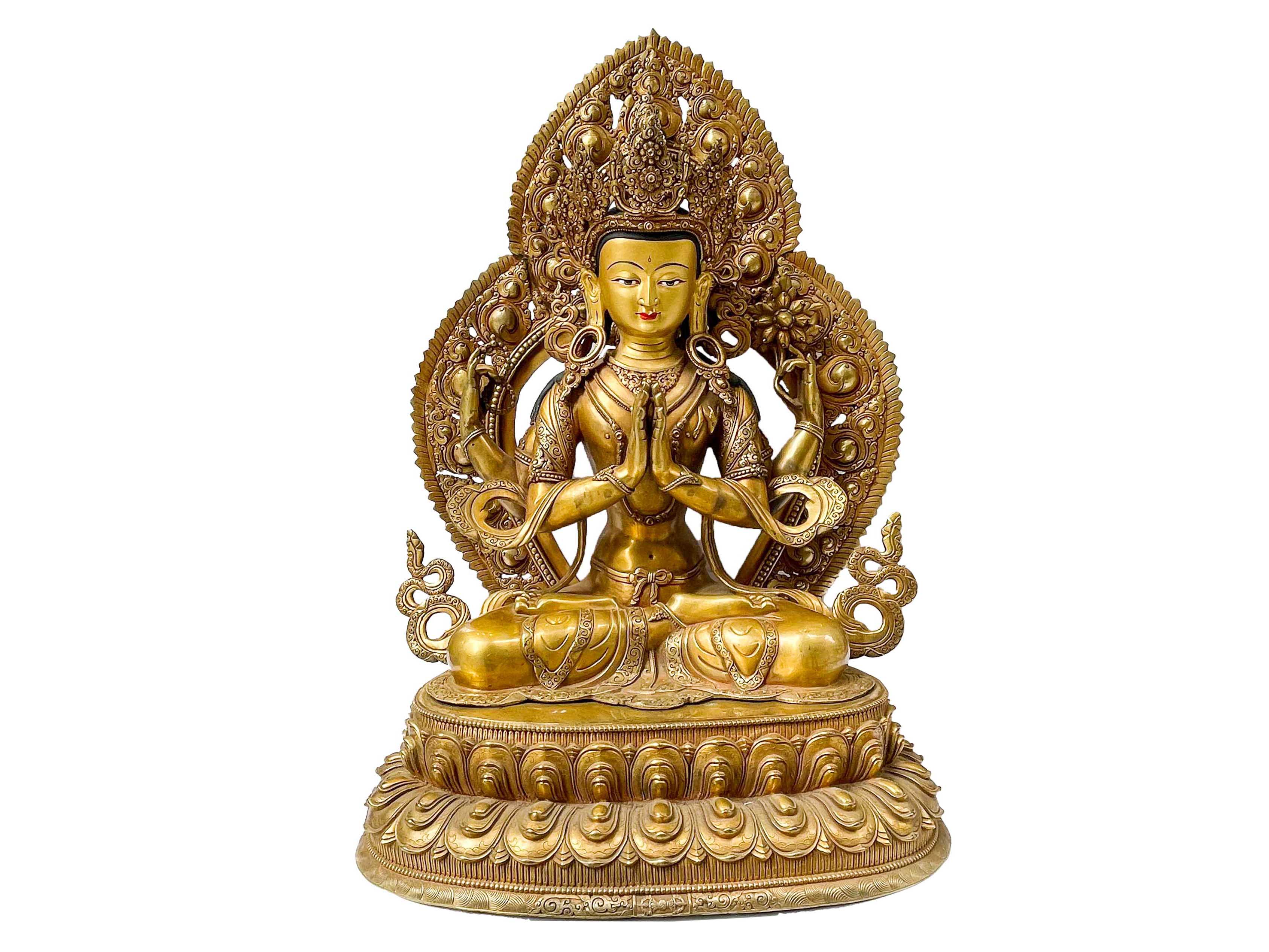 Buddhist Handmade Statue of Chenrezig (Avalokiteshvara) – Full Gold Plated with Hand-Painted Face