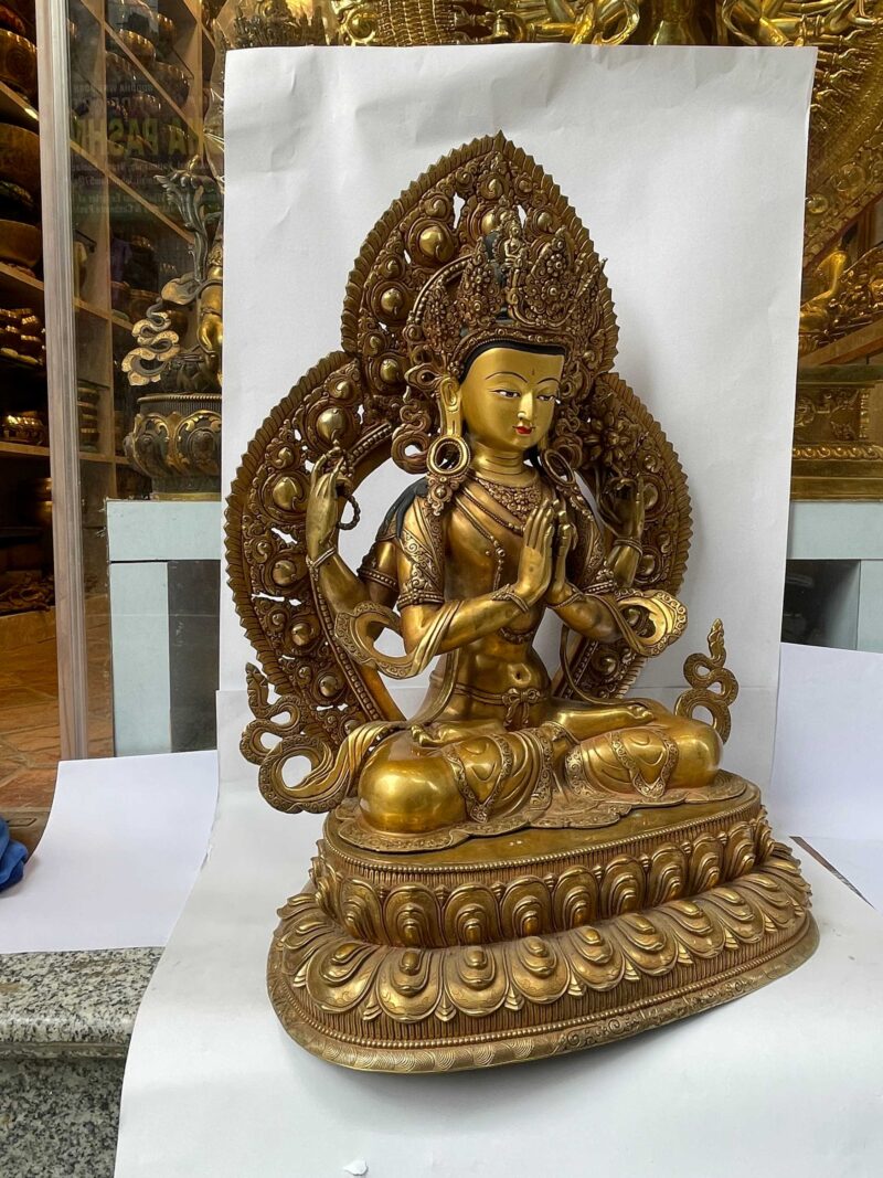 Buddhist Handmade Statue of Chenrezig (Avalokiteshvara) – Full Gold Plated with Hand-Painted Face - Image 2
