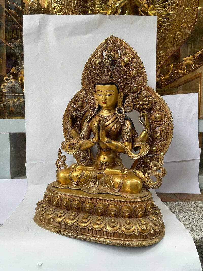 Buddhist Handmade Statue of Chenrezig (Avalokiteshvara) – Full Gold Plated with Hand-Painted Face - Image 4