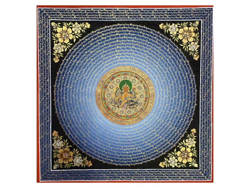 Buddhist Hand-Painted Mantra Mandala Thangka with Yellow Jambhala at the Center