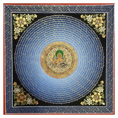 Buddhist Hand-Painted Mantra Mandala Thangka with Yellow Jambhala at the Center