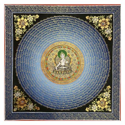 Buddhist Hand-Painted Mantra Mandala Thangka with White Tara at the Center