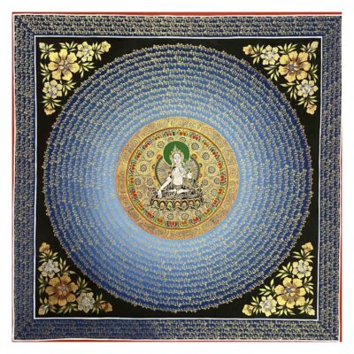 Buddhist Hand-Painted Mantra Mandala Thangka with White Tara at the Center