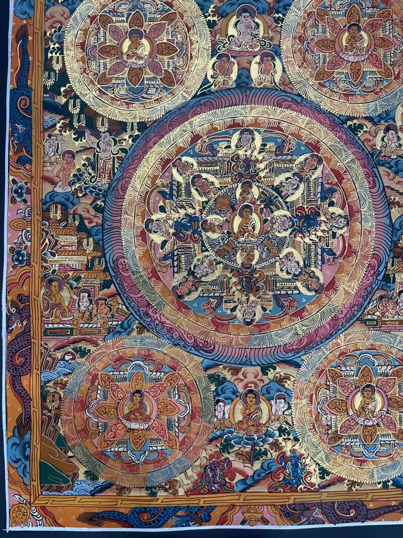 Buddhist Hand-Painted Thangka of Pancha Buddha (Five Dhyani Buddhas) - Image 2