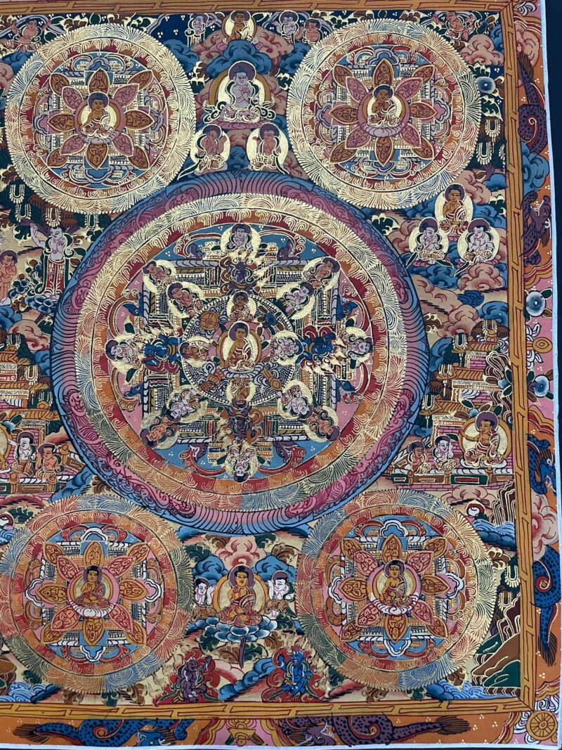 Buddhist Hand-Painted Thangka of Pancha Buddha (Five Dhyani Buddhas) - Image 3