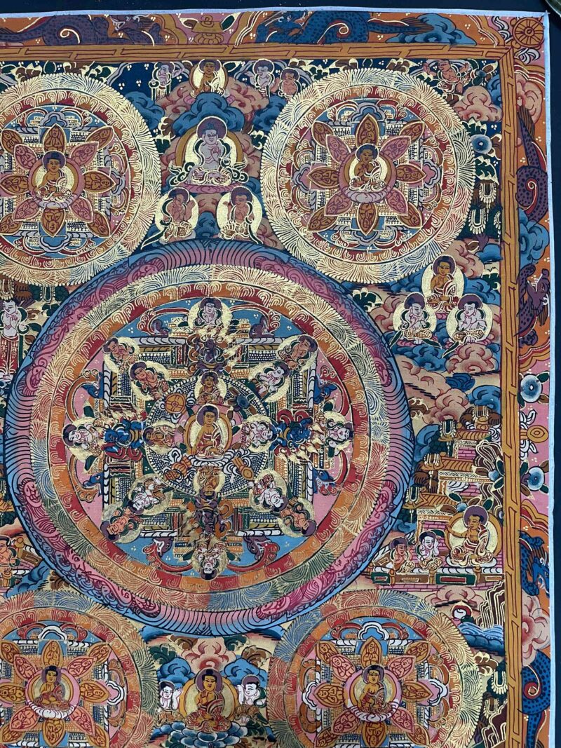 Buddhist Hand-Painted Thangka of Pancha Buddha (Five Dhyani Buddhas) - Image 4