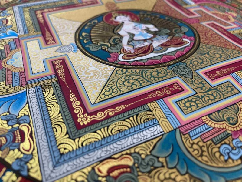 Buddhist Hand Painting of Mandala with White Tara at Center - Image 4