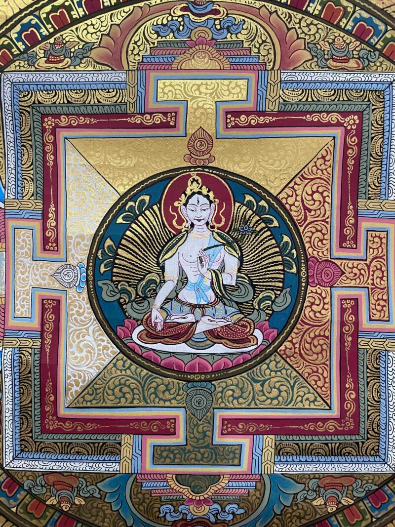 Buddhist Hand Painting of Mandala with White Tara at Center - Image 3