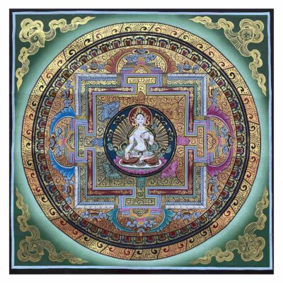 Buddhist Hand Painting of Mandala with White Tara at Center
