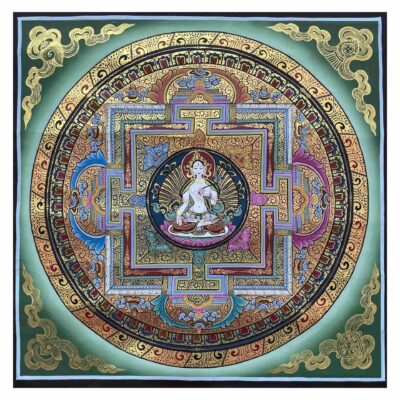 Buddhist Hand Painting of Mandala with White Tara at Center