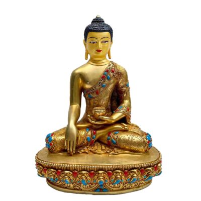 Buddhist Handmade Statue of Shakyamuni Buddha – Full Gold Plated, Stone Set, Face Painted