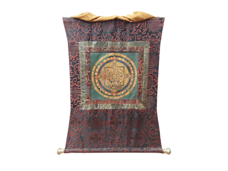 Buddhist Hand-Painted Thangka of Kalachakra Mandala with Polyester Brocade