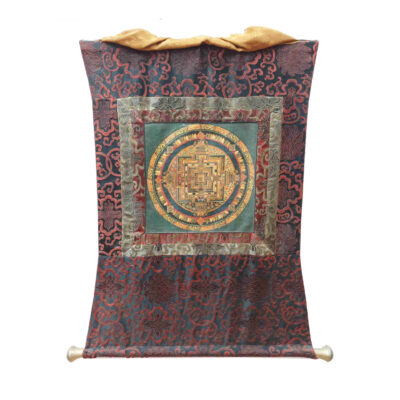 Buddhist Hand-Painted Thangka of Kalachakra Mandala with Polyester Brocade