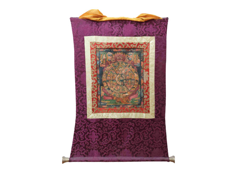 Buddhist Hand-Painted Thangka of the Wheel of Life with Polyester Brocade