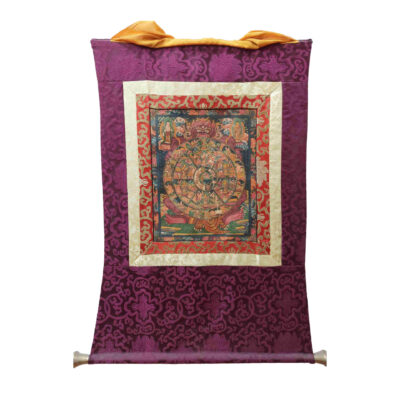 Buddhist Hand-Painted Thangka of the Wheel of Life with Polyester Brocade