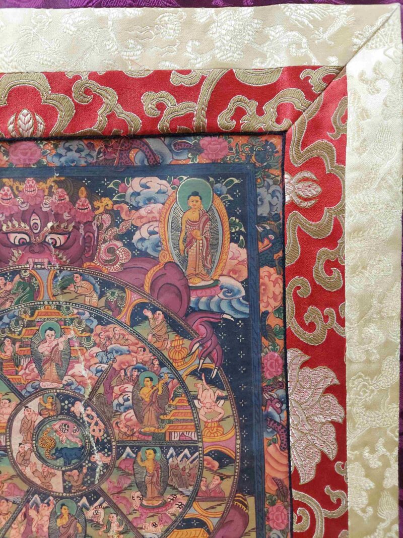 Buddhist Hand-Painted Thangka of the Wheel of Life with Polyester Brocade - Image 3