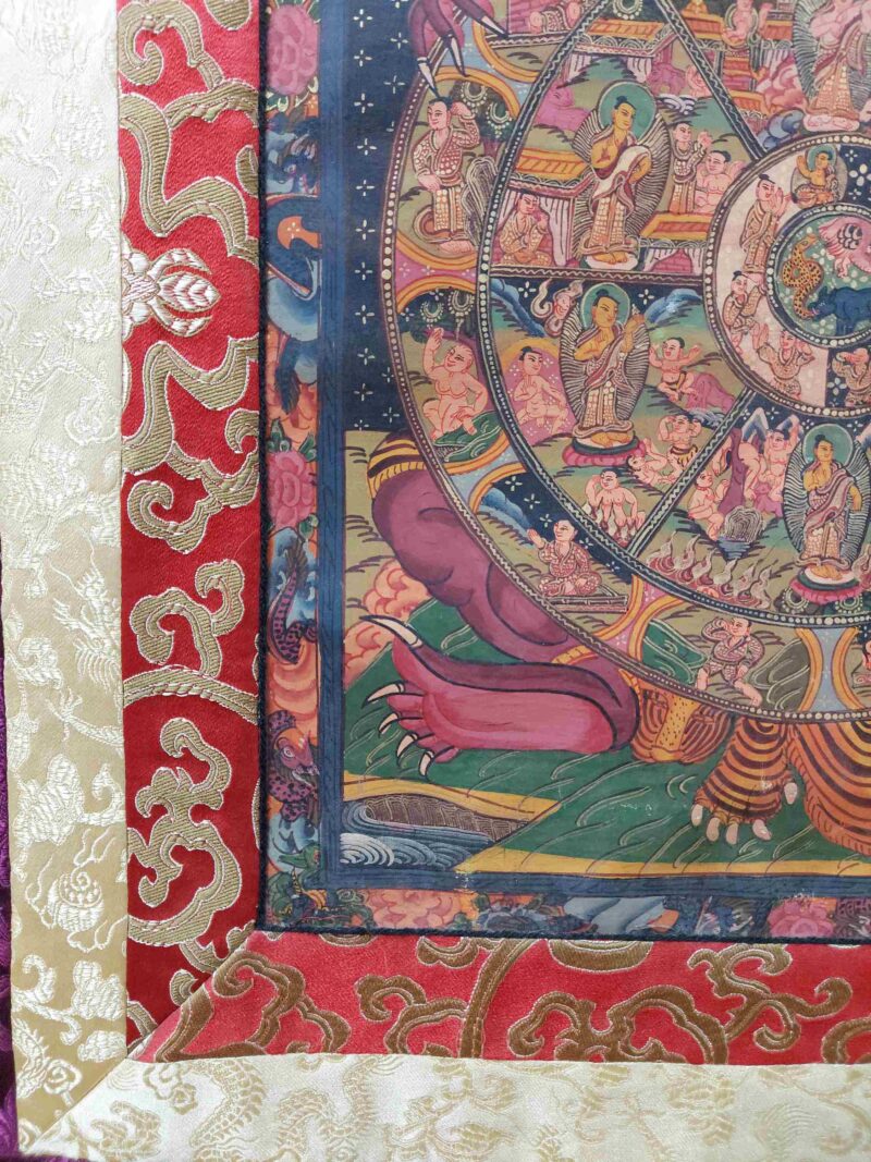 Buddhist Hand-Painted Thangka of the Wheel of Life with Polyester Brocade - Image 5