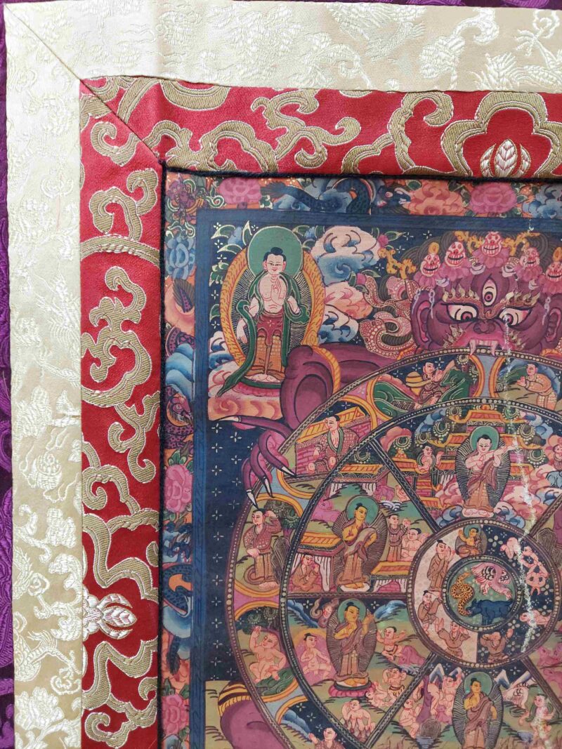 Buddhist Hand-Painted Thangka of the Wheel of Life with Polyester Brocade - Image 2