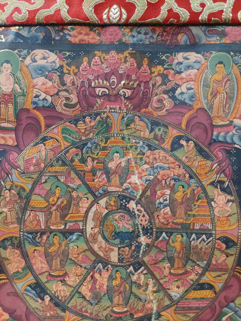 Buddhist Hand-Painted Thangka of the Wheel of Life with Polyester Brocade - Image 4