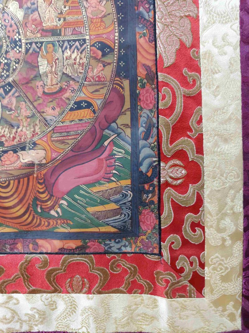 Buddhist Hand-Painted Thangka of the Wheel of Life with Polyester Brocade - Image 6