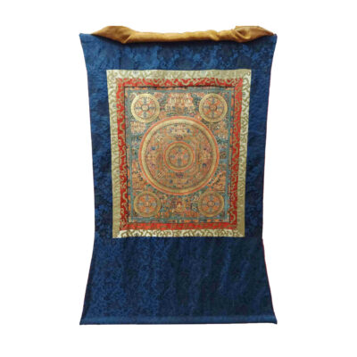 Buddhist Hand-Painted Thangka of Pancha Buddha Mandala with Polyester Brocade