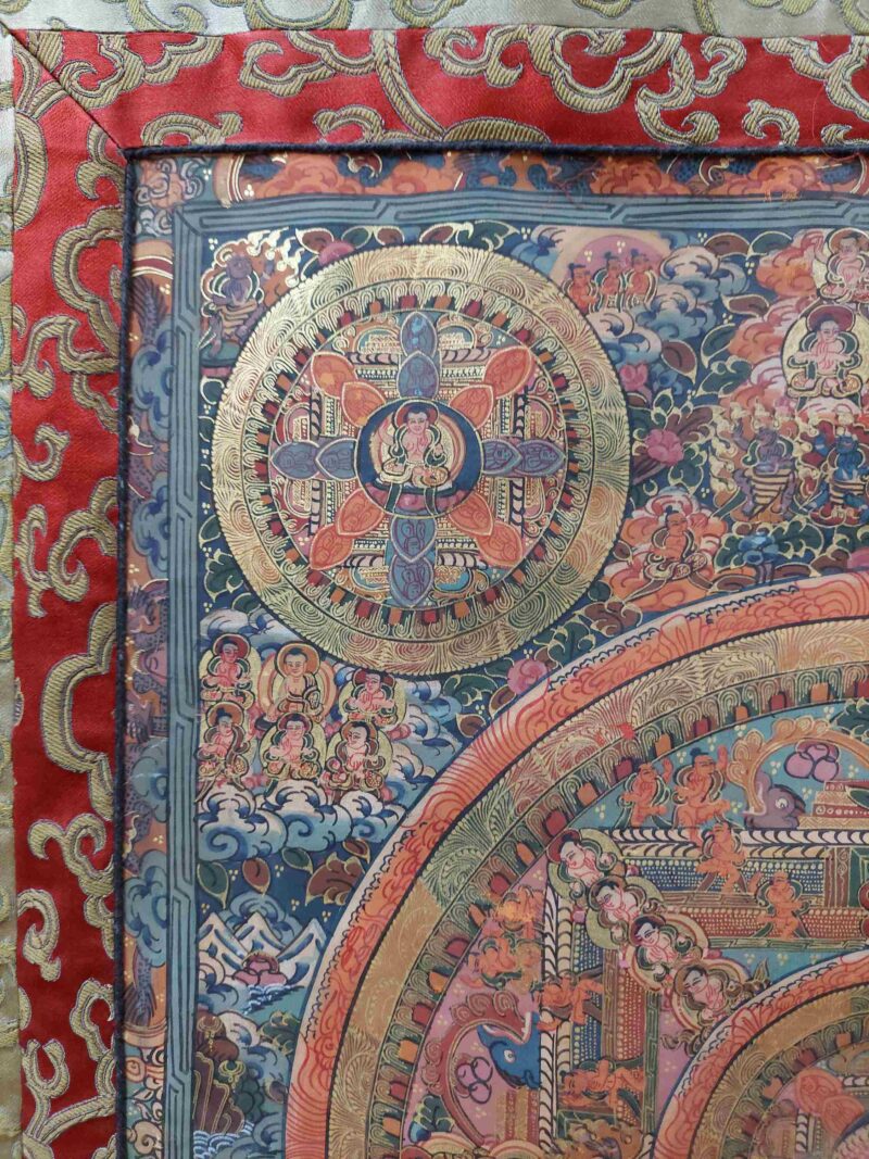 Buddhist Hand-Painted Thangka of Pancha Buddha Mandala with Polyester Brocade - Image 2