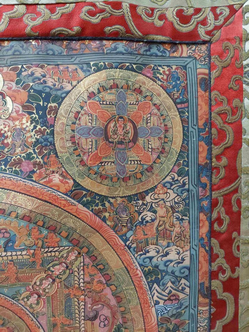 Buddhist Hand-Painted Thangka of Pancha Buddha Mandala with Polyester Brocade - Image 3
