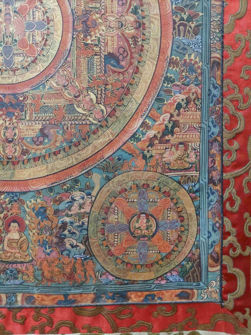 Buddhist Hand-Painted Thangka of Pancha Buddha Mandala with Polyester Brocade - Image 6